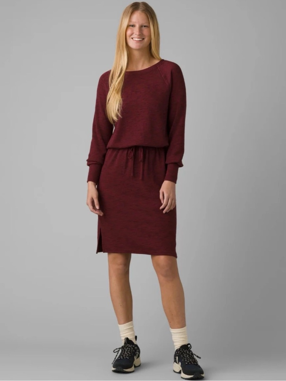 Prana Sunrise Dress Maroon Small Long-Sleeve Knee-Length Sporty Outdoor Cozy